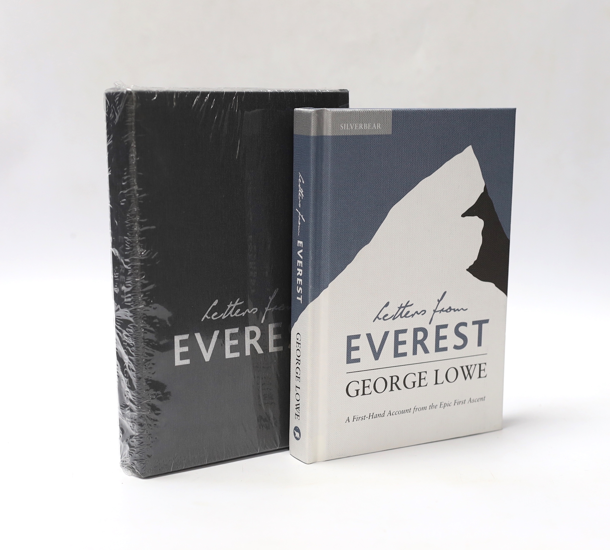 Lowe, George - Letters from Everest, 60th Anniversary collector’s edition, number 10 of 60, signed by Huw Lewis-Jones (editor), Jan Morris and Peter Hillary, a small clipping of George Lowe’s 1953 Everest sleeping bag st